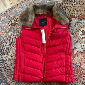 Talbots Vibrant Red Vest with Faux Fur Trim